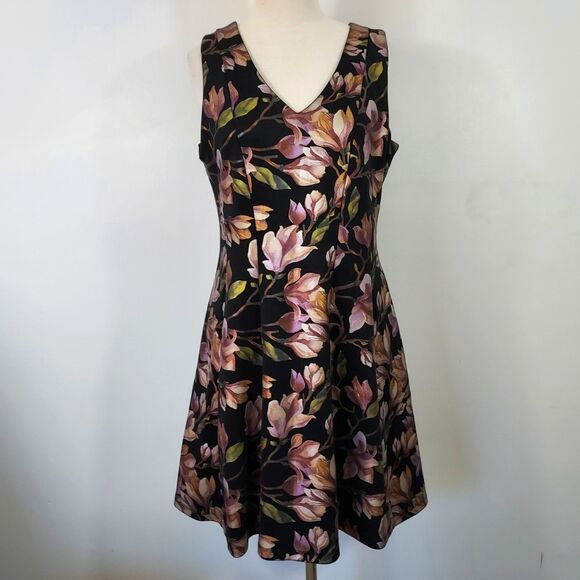 Signature Robbie Bee Dress Womens 14 Black Floral Fit And Flare Sleeveless - Picture 2 of 12